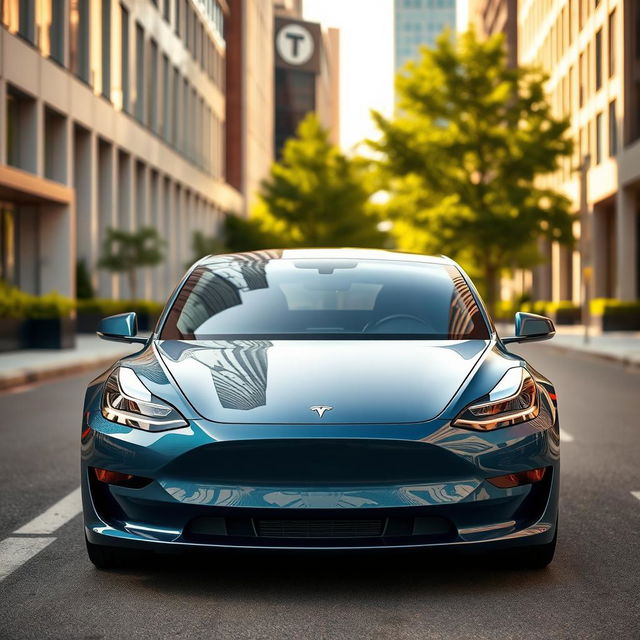 A sleek and modern Tesla car prominently displayed in an urban setting