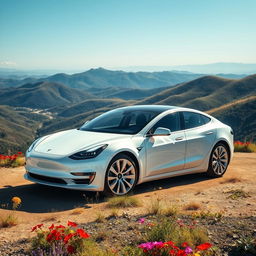 A beautiful white Tesla car positioned prominently against a stunning natural landscape