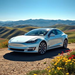 A beautiful white Tesla car positioned prominently against a stunning natural landscape