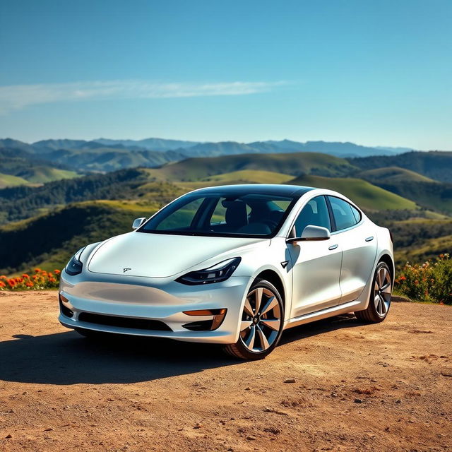 A beautiful white Tesla car positioned prominently against a stunning natural landscape