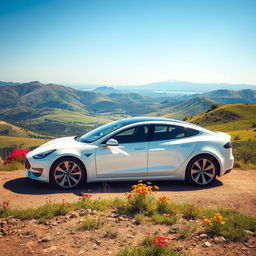 A beautiful white Tesla car positioned prominently against a stunning natural landscape