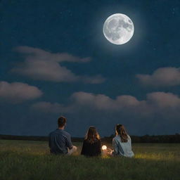 A couple sitting on a grassy field under a beautiful night sky, with one of them holding the glowing, full moon in their hand