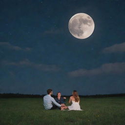 A couple sitting on a grassy field under a beautiful night sky, with one of them holding the glowing, full moon in their hand