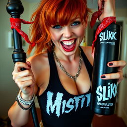 A close-up shot of a sexy female redhead with a strong presence, wearing a 'Misfits' tank top that showcases her large chest and cleavage