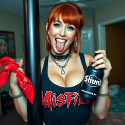 A close-up shot of a sexy female redhead with a strong presence, wearing a 'Misfits' tank top that showcases her large chest and cleavage