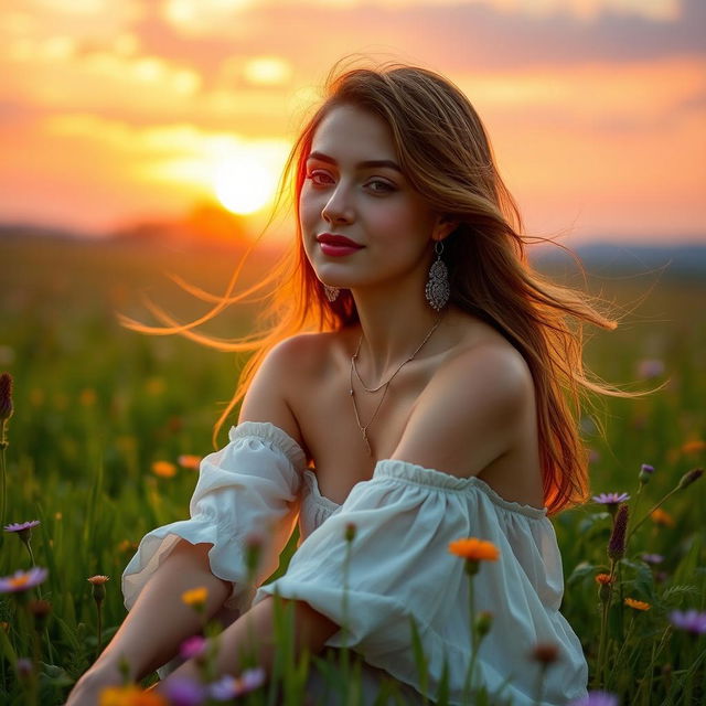 A serene and tranquil scene of a beautiful young woman with flowing hair sitting in a lush green field during sunset