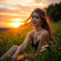 A serene and tranquil scene of a beautiful young woman with flowing hair sitting in a lush green field during sunset