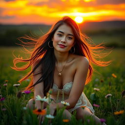 A serene and tranquil scene of a beautiful young woman with flowing hair sitting in a lush green field during sunset