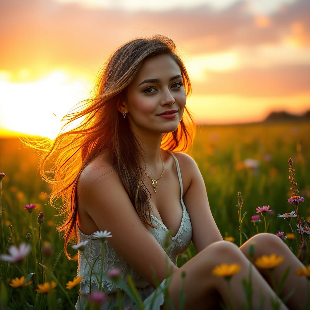 A serene and tranquil scene of a beautiful young woman with flowing hair sitting in a lush green field during sunset