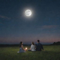 A couple sitting on a grassy field under a beautiful night sky, with one of them holding the glowing, full moon in their hand