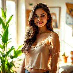 A confident young woman standing in a sunlit room, wearing a sheer top that gently reveals her silhouette, with a soft smile on her face