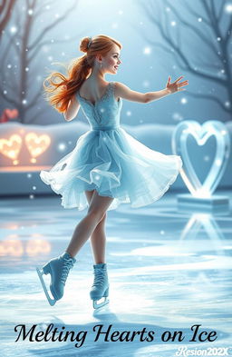 A beautiful ice skater girl gracefully gliding across a shimmering ice rink, surrounded by a magical winter setting