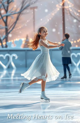 A beautiful ice skater girl gracefully gliding across a shimmering ice rink, surrounded by a magical winter setting