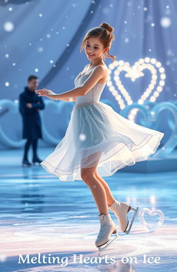 A beautiful ice skater girl gracefully gliding across a shimmering ice rink, surrounded by a magical winter setting