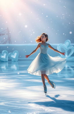 A beautiful ice skater girl gracefully gliding across a shimmering ice rink, surrounded by a magical winter setting