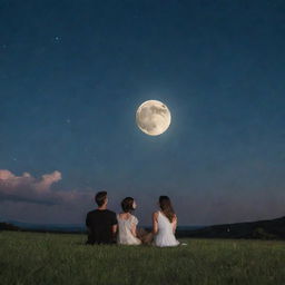 A couple sitting on a grassy field under a beautiful night sky, with one of them holding the glowing, full moon in their hand