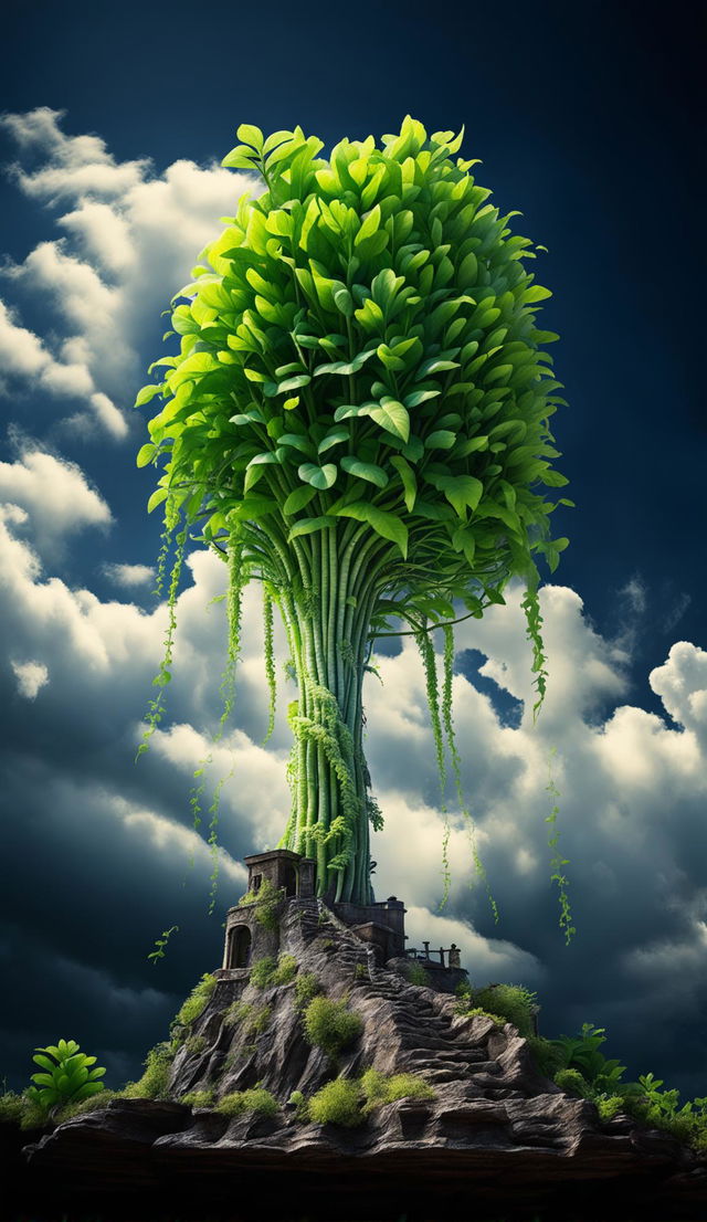 A towering beanstalk piercing through the clouds and reaching towards the sky.