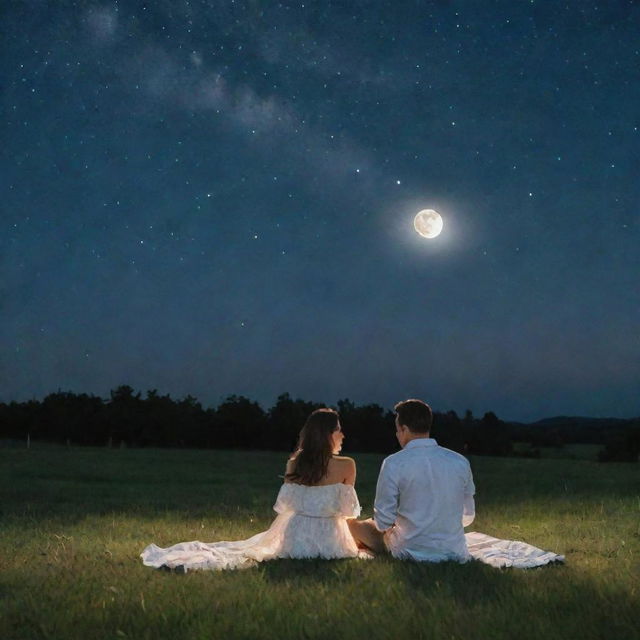 A husband and wife sitting on a grassy field under a beautiful starry sky, the husband holding the glowing, full moon in his hand