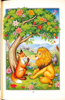 A beautifully illustrated page depicting the themes and stories from 'Kalila and Dimna'