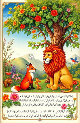A beautifully illustrated page depicting the themes and stories from 'Kalila and Dimna'