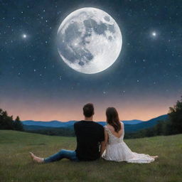 A husband and wife sitting on a grassy field under a beautiful starry sky, the husband holding the glowing, full moon in his hand