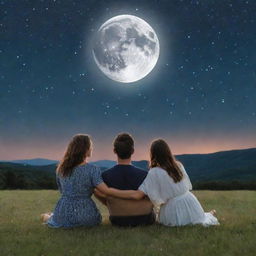 A husband and wife sitting on a grassy field under a beautiful starry sky, the husband holding the glowing, full moon in his hand