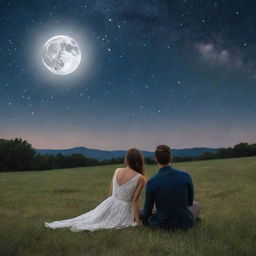 A husband and wife sitting on a grassy field under a beautiful starry sky, the husband holding the glowing, full moon in his hand