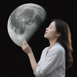 An intimate scene portraying someone clutching the moon, emoting the sentiment 'You are my moon, my love. I wanted the moon, and now I have it'