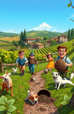 A humorous scene depicting a lively truffle hunt in a quaint Italian village