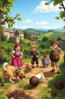 A humorous scene depicting a lively truffle hunt in a quaint Italian village