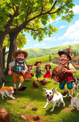 A humorous scene depicting a lively truffle hunt in a quaint Italian village