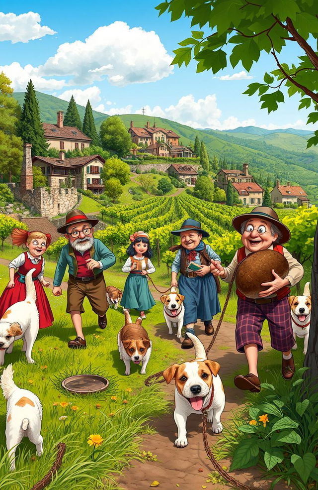 A humorous scene depicting a lively truffle hunt in a quaint Italian village