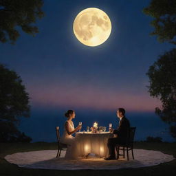 A husband and wife enjoying a romantic dinner under the radiant glow of an enormous full moon