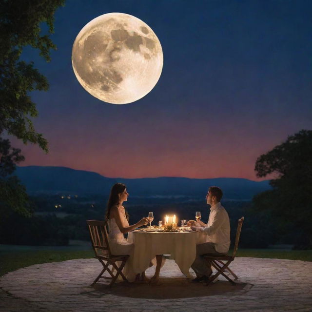 A husband and wife enjoying a romantic dinner under the radiant glow of an enormous full moon