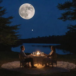 A husband and wife enjoying a romantic dinner under the radiant glow of an enormous full moon