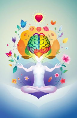 A visually captivating representation of health psychology, featuring a serene human figure in a meditative state surrounded by abstract representations of the mind and body connection