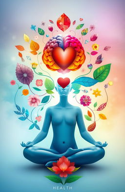 A visually captivating representation of health psychology, featuring a serene human figure in a meditative state surrounded by abstract representations of the mind and body connection