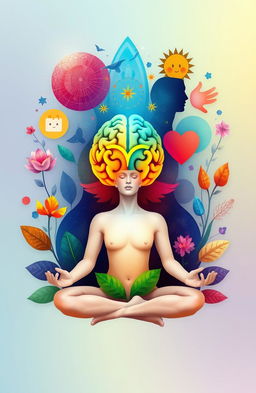 A visually captivating representation of health psychology, featuring a serene human figure in a meditative state surrounded by abstract representations of the mind and body connection