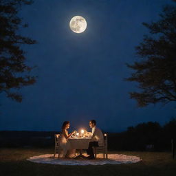 A husband and wife enjoying a romantic dinner under the radiant glow of an enormous full moon