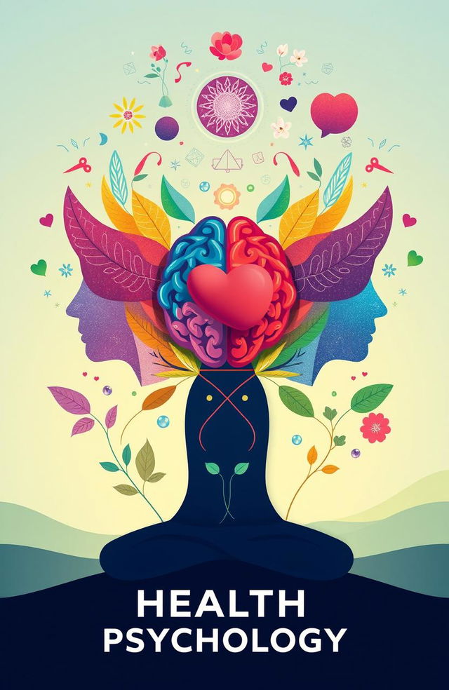 A visually captivating representation of health psychology, featuring a serene human figure in a meditative state surrounded by abstract representations of the mind and body connection