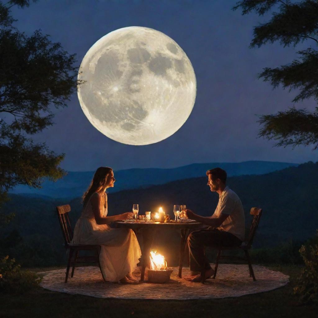 A husband and wife sharing a peaceful dinner basked in the enchanting light of a giant, glowing full moon