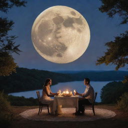 A husband and wife sharing a peaceful dinner basked in the enchanting light of a giant, glowing full moon