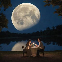 A husband and wife sharing a peaceful dinner basked in the enchanting light of a giant, glowing full moon