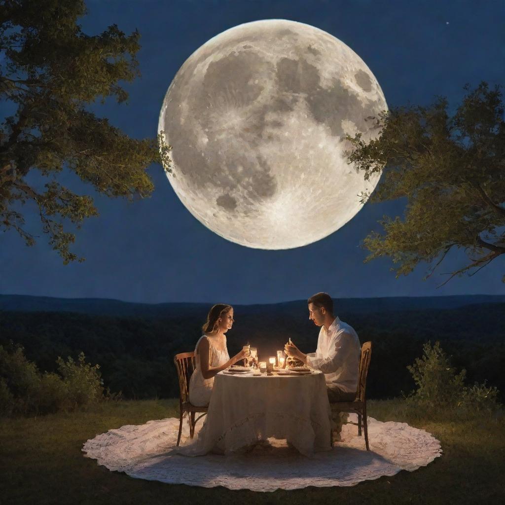 A husband and wife sharing a peaceful dinner basked in the enchanting light of a giant, glowing full moon