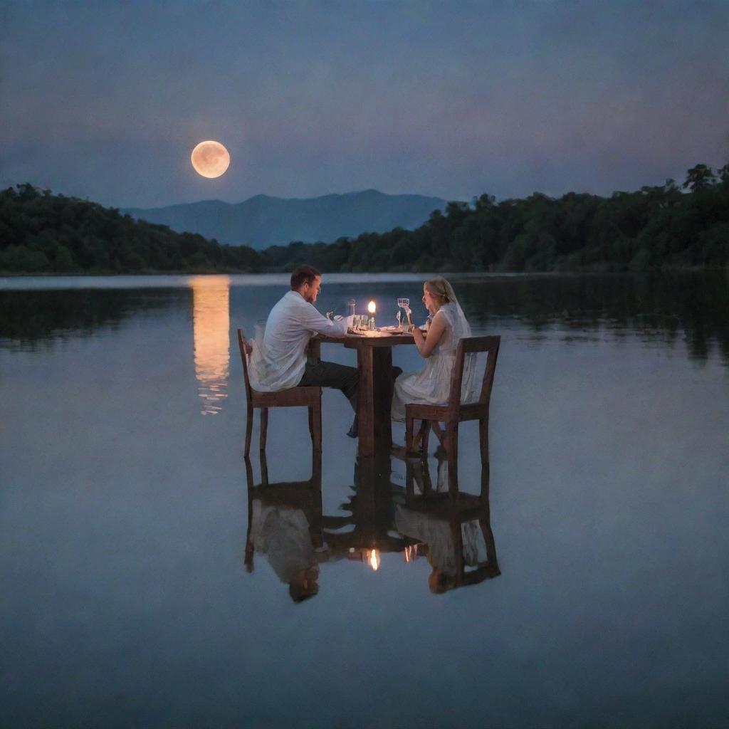 A husband and wife dining by the water where the wife's reflection ripples in the water, transforming into the image of the moon