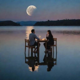 A husband and wife dining by the water where the wife's reflection ripples in the water, transforming into the image of the moon