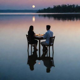 A husband and wife dining by the water where the wife's reflection ripples in the water, transforming into the image of the moon