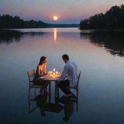 A husband and wife dining by the water where the wife's reflection ripples in the water, transforming into the image of the moon