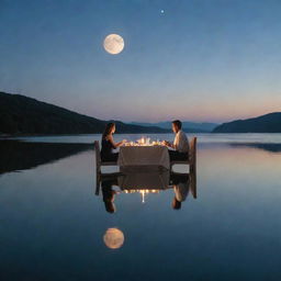 A husband and wife eating dinner by a serene body of water, where the wife's reflection transforms into the luminous image of the moon on the water's surface