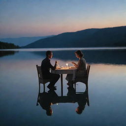 A husband and wife eating dinner by a serene body of water, where the wife's reflection transforms into the luminous image of the moon on the water's surface